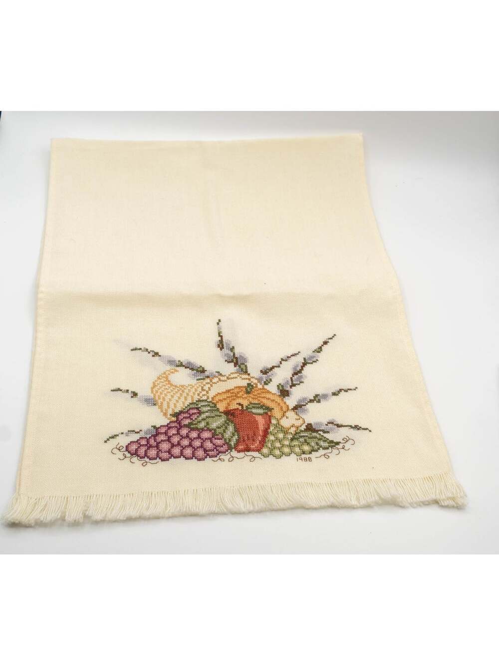 Vintage Hand Cross Stitch Fall Table Runner Cornucopia Harvest Thanksgiving